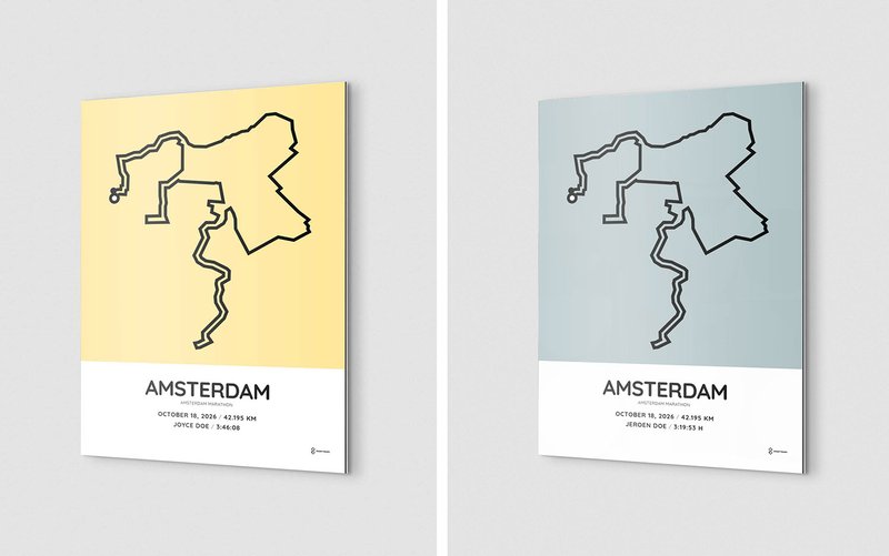 2026 Amsterdam Marathon customizable course print on white aluminum dibond
