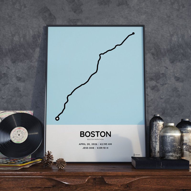 2026 Boston Marathon course poster with name and time