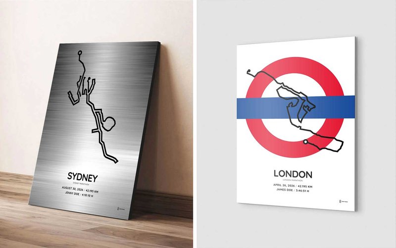 Marathon course prints on white and silver aluminum